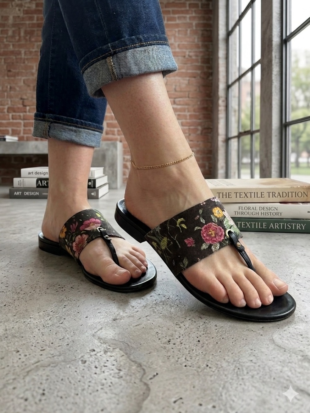 Gucci Flora Print Black Canvas Leather Floral Slide Thong Sandals Women's